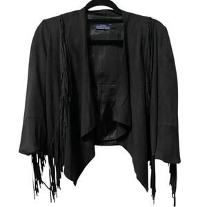 Bershka Black Faux Suede Fringe Waterfall Jacket Women's M Western Boho Festival